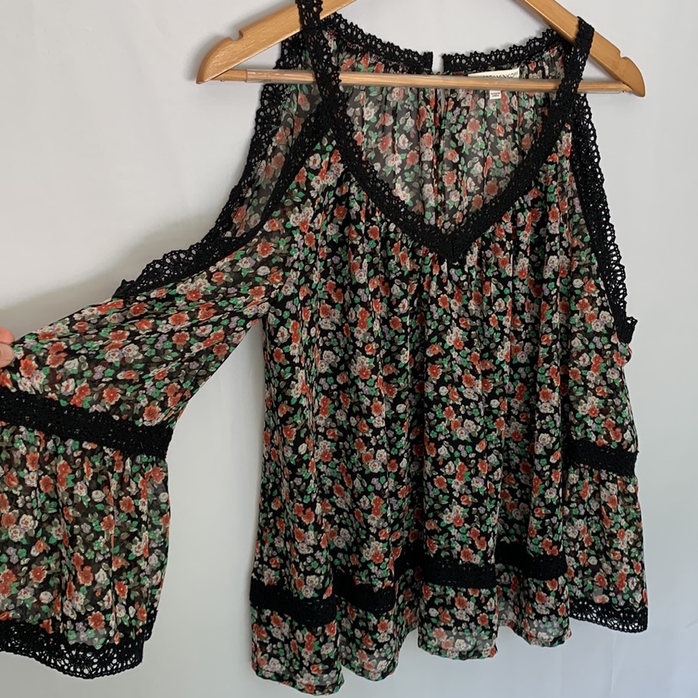 Rebecca Minkoff Ditsy Floral Sheer Cold Shoulder Top Black Lace Femme Size XS